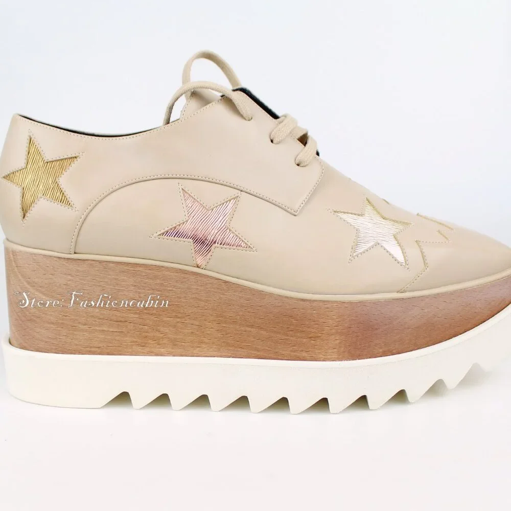 NEW Stella Mccartney Elyse Star Platform Sneakers, Beige Rose Gold Star, EU 40.5